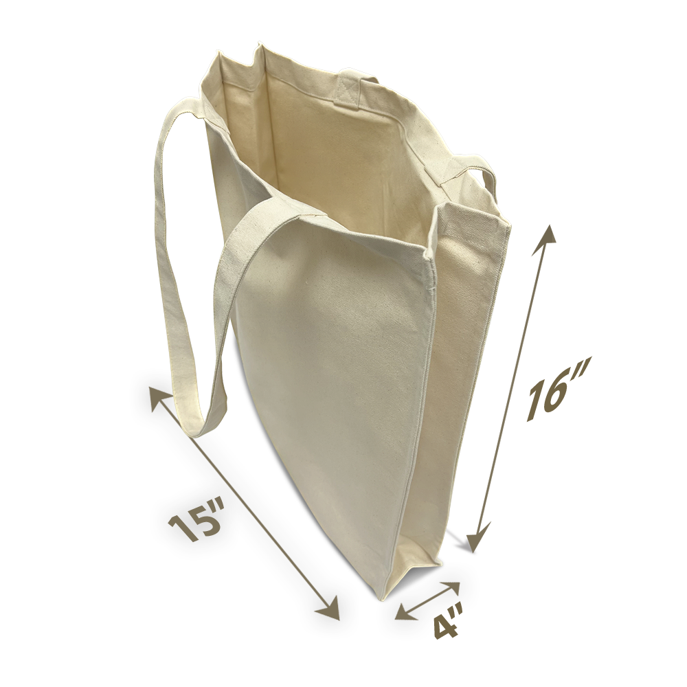 Natural canvas tote bag shown at an angle with dimensions labeled: 15" wide, 16" high, and 4" deep.