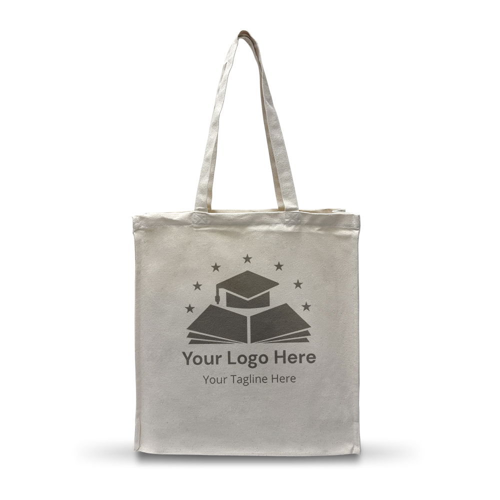 White canvas tote bag with long handles, featuring a placeholder graduation-themed logo and text on the front.