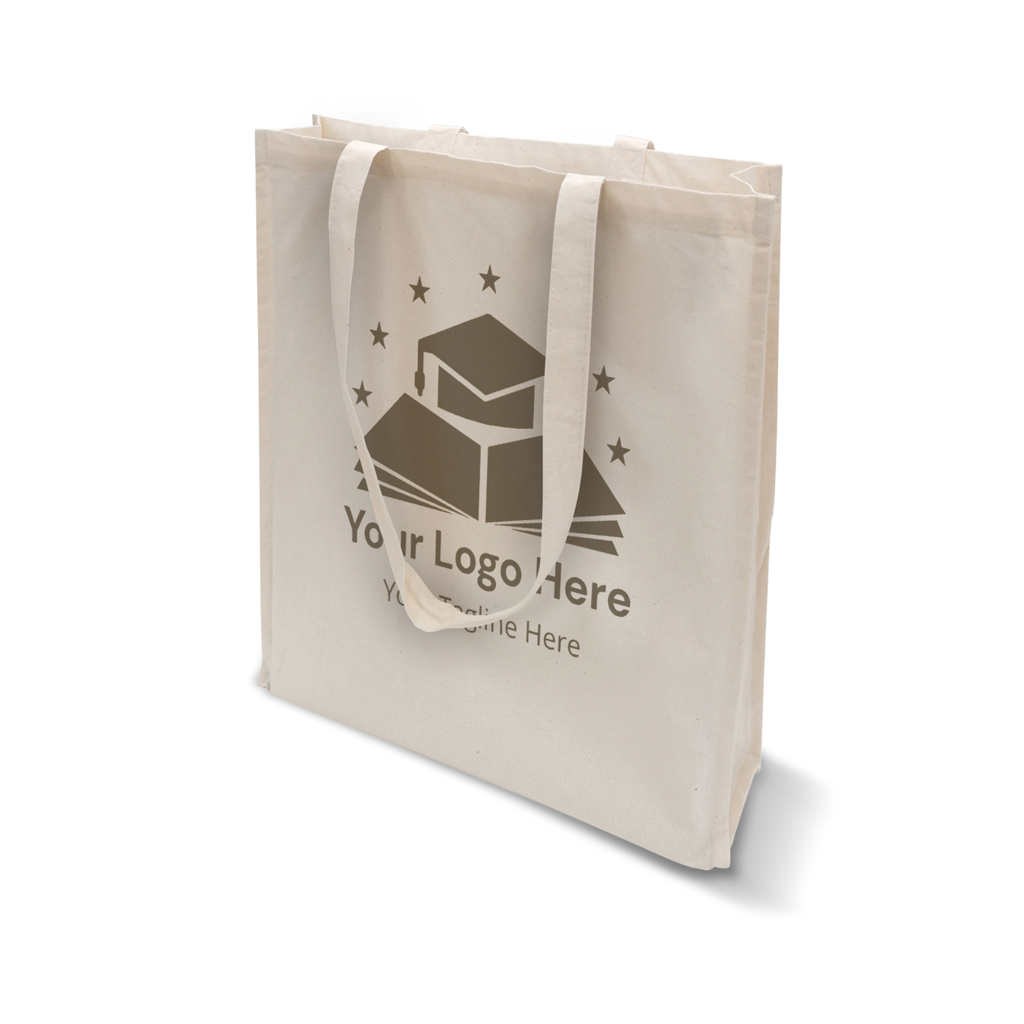 Natural canvas tote bag with educational-themed placeholder logo and long handles.
