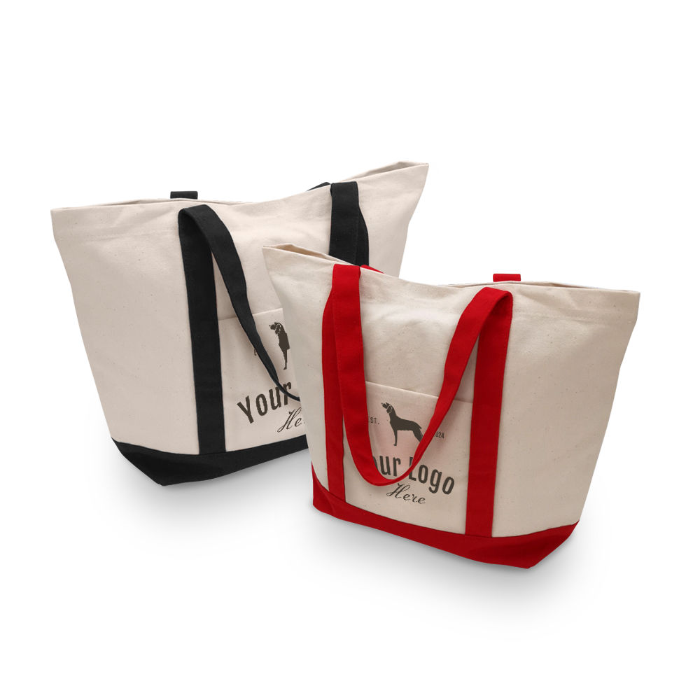 Heavyweight canvas boat totes with colored handles and base, 17”W x 6”D x 15”H.