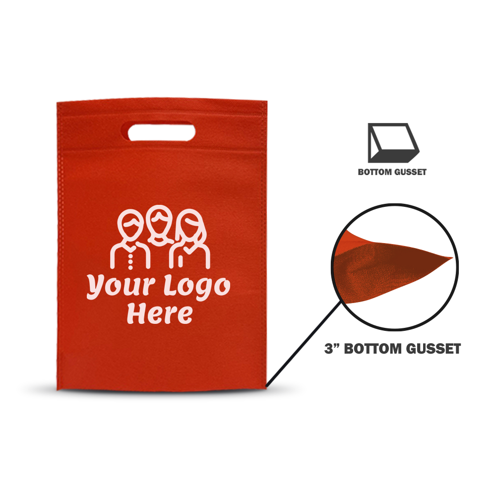 Red non-woven die-cut handle bag with bottom gusset for added capacity