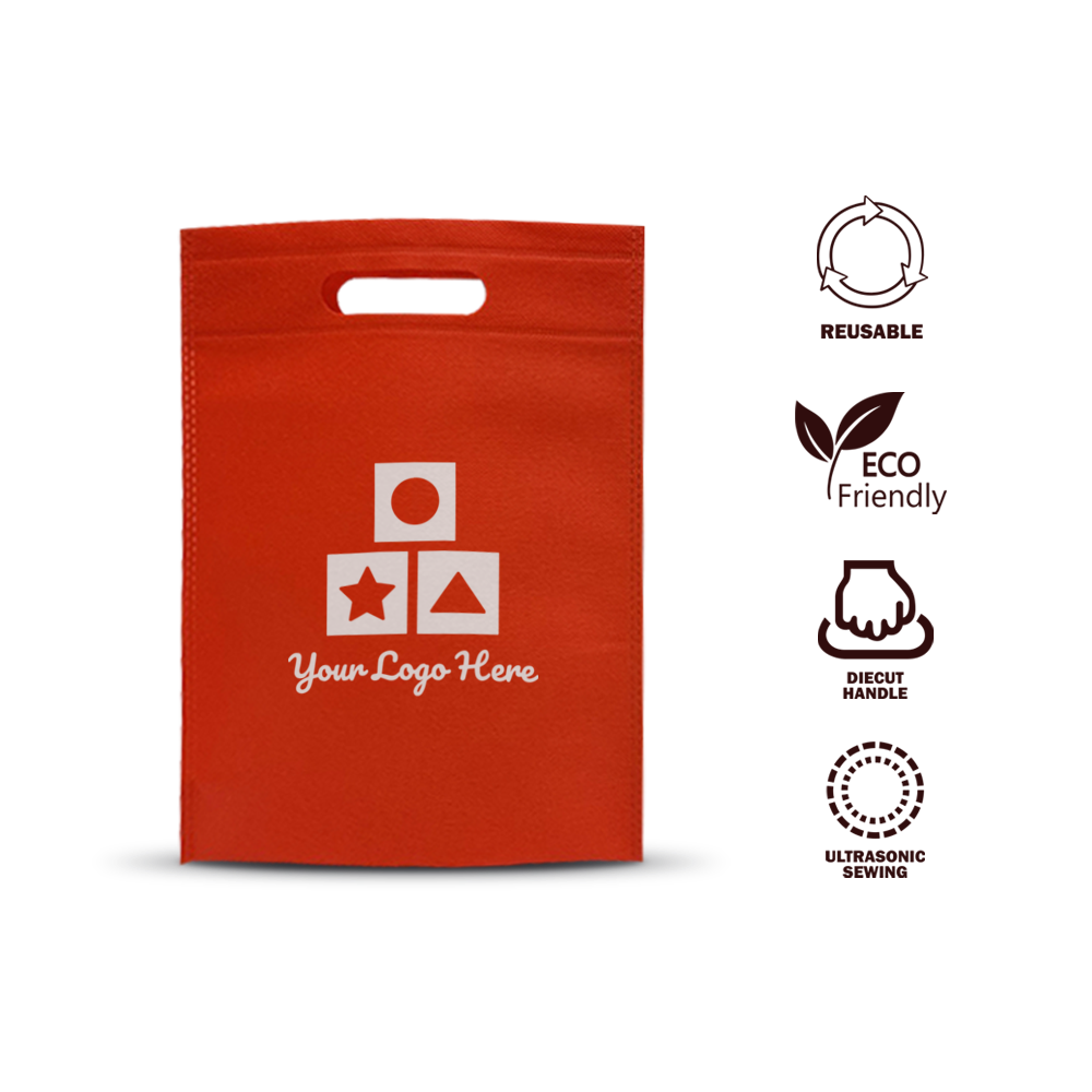 Red non-woven tote bag with die-cut handle and white geometric icon print, eco-friendly and reusable design.