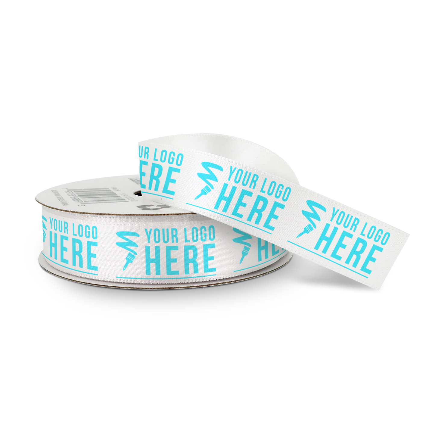 White ribbon spool with turquoise "YOUR LOGO HERE" text and a lightning bolt-shaped design, displayed partially unrolled.