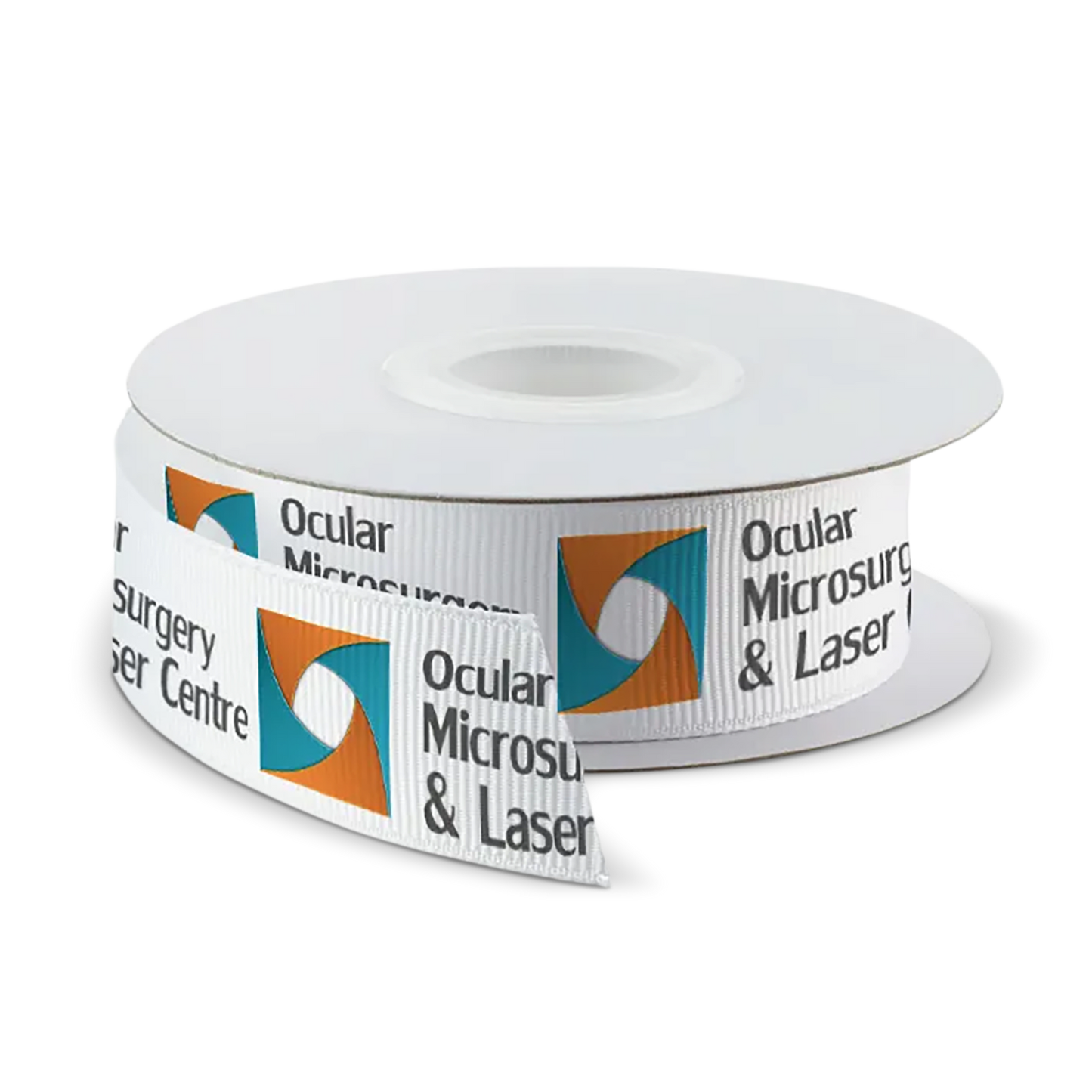 Roll of white custom ribbon printed with a teal and orange abstract logo and the text "Ocular Microsurgery & Laser Centre" in black.