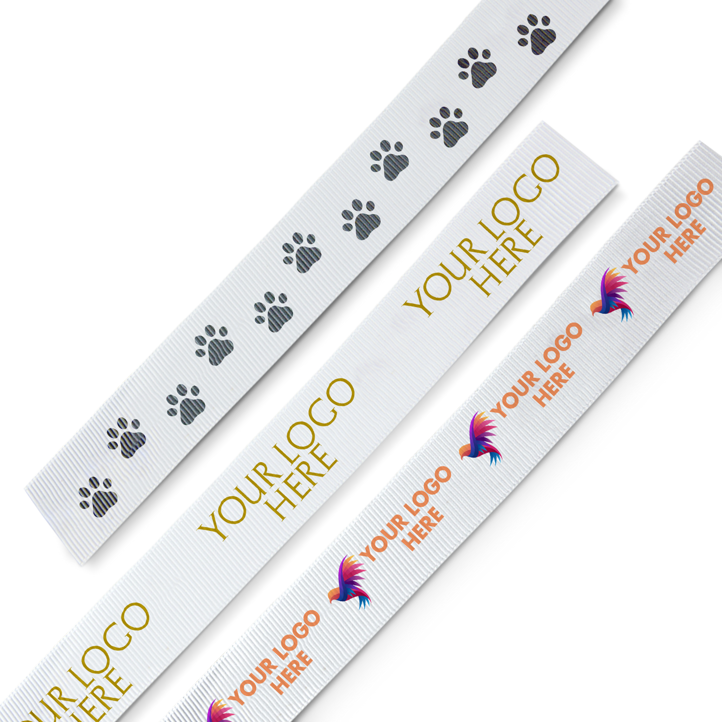 Three custom white ribbons with different designs