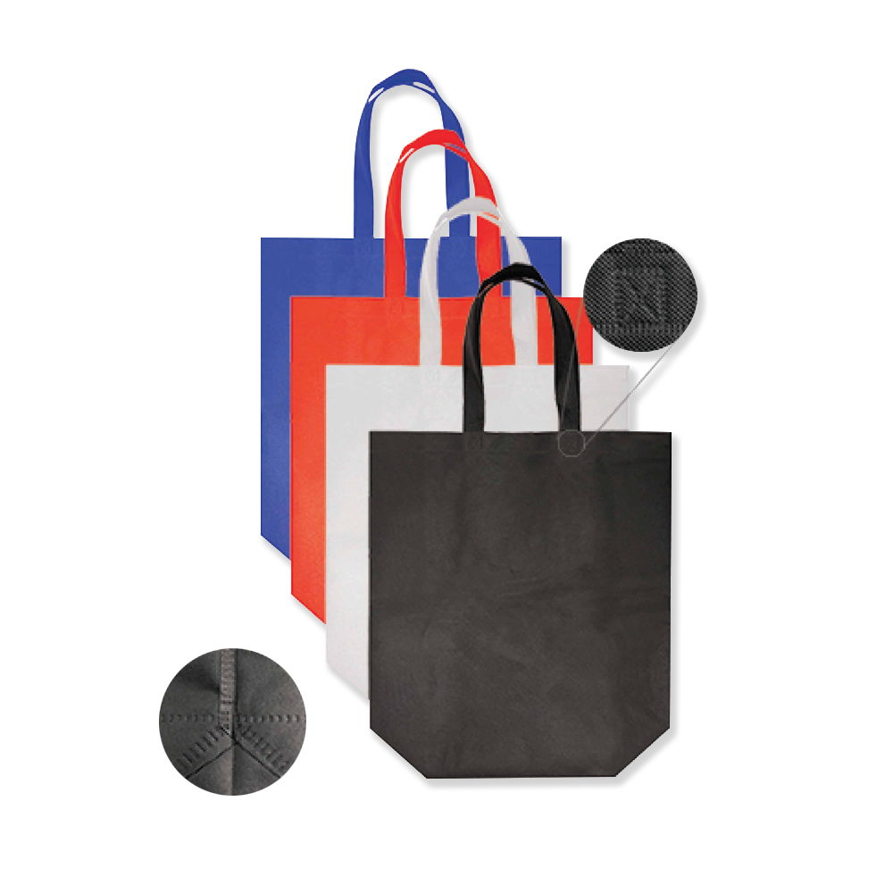 Set of four flat reusable tote bags in black, white, red, and blue, with close-up insets showing fabric texture and stitched bottom.