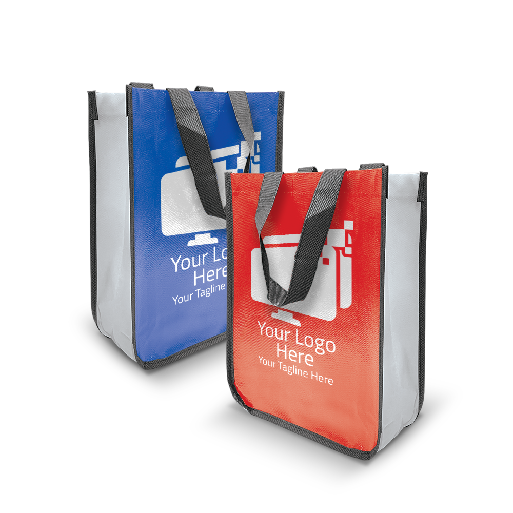 Two small laminated non-woven tote bags with curved bottoms, one red and one blue, featuring black and gray handles, white side panels, and a printed customizable logo on the front.
