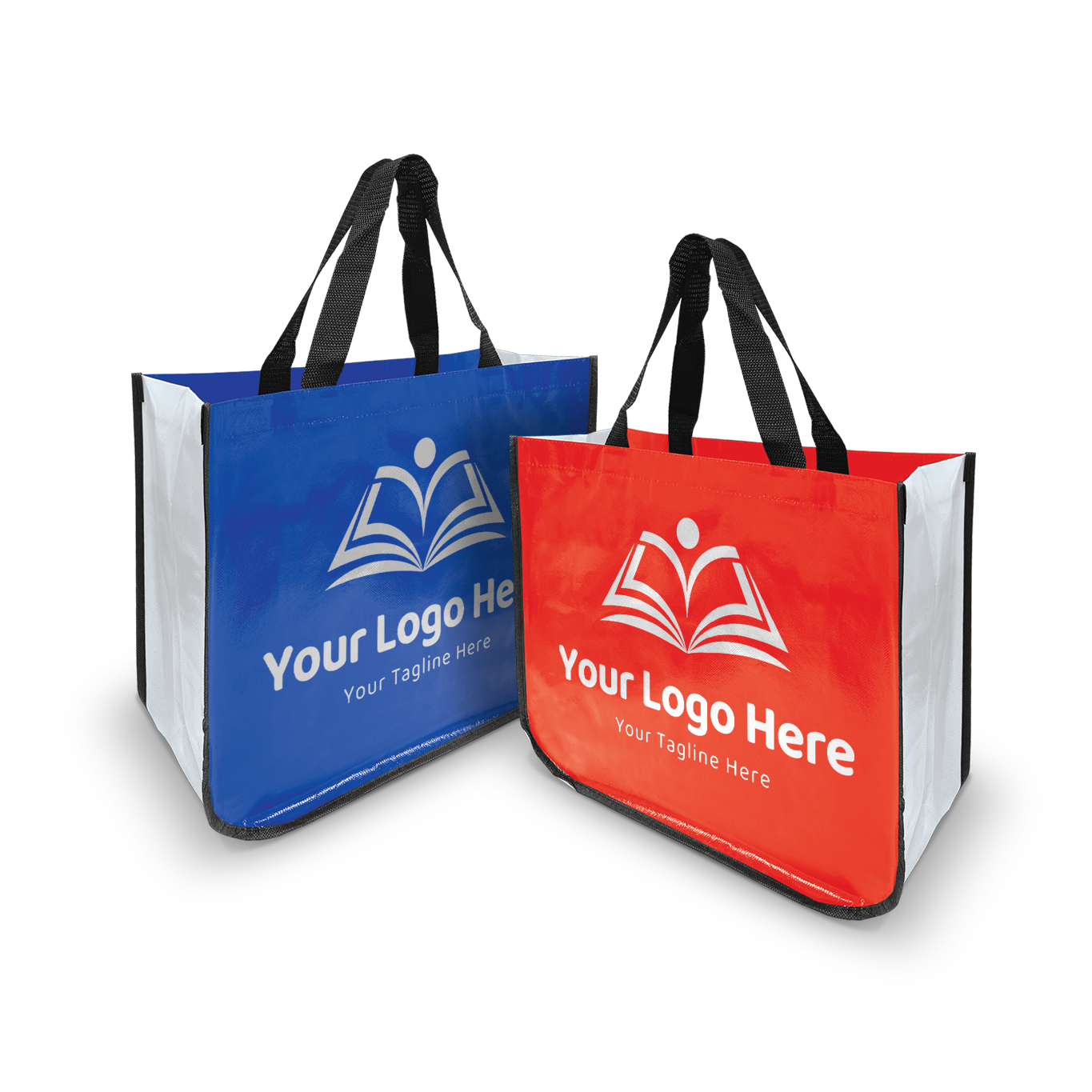 Reusable laminated tote bags in red and blue with black handles