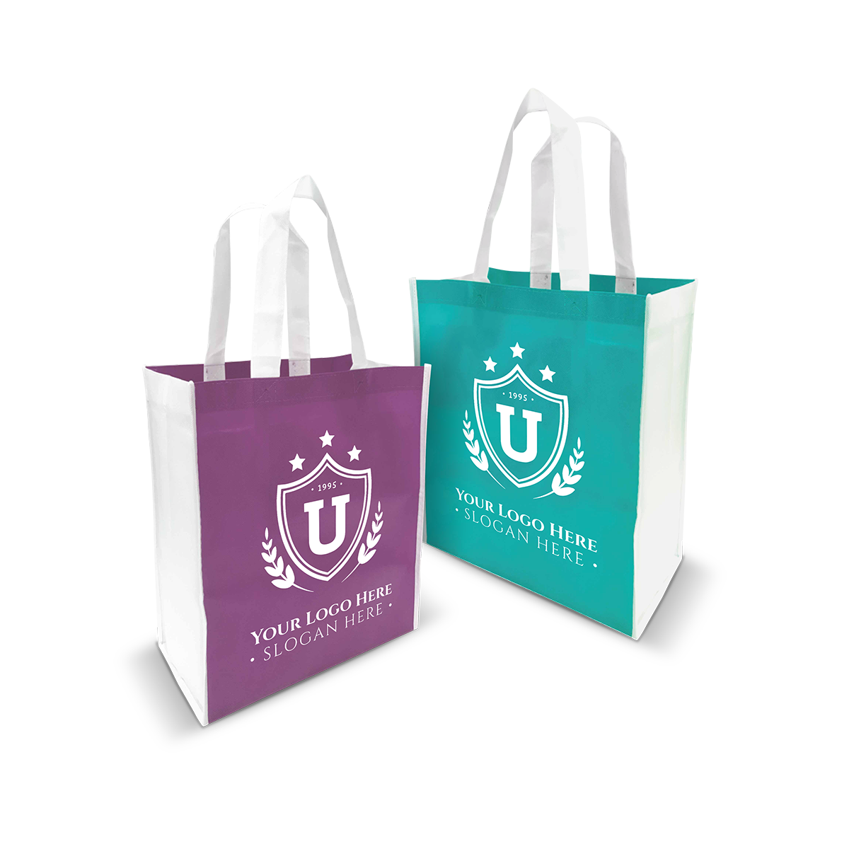 Purple and teal tote bags with bold logos and white handles