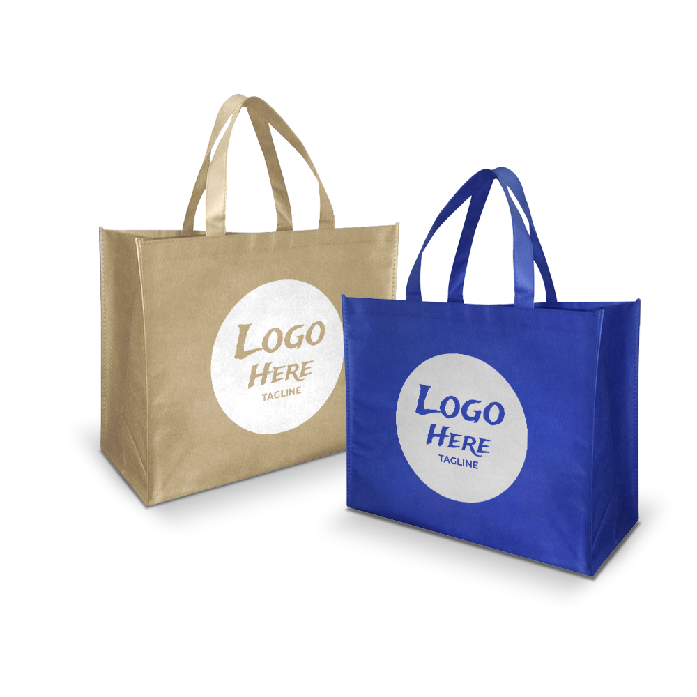 Two reusable tote bags — one beige and one blue — both featuring a large white circle with a placeholder logo and tagline printed in the center.