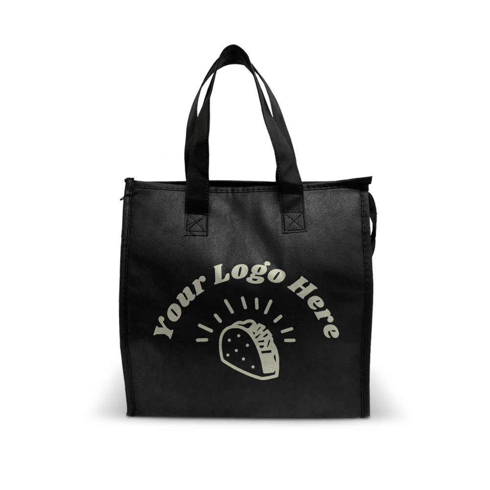 Black insulated reusable tote bag with stitched handles and custom logo print
