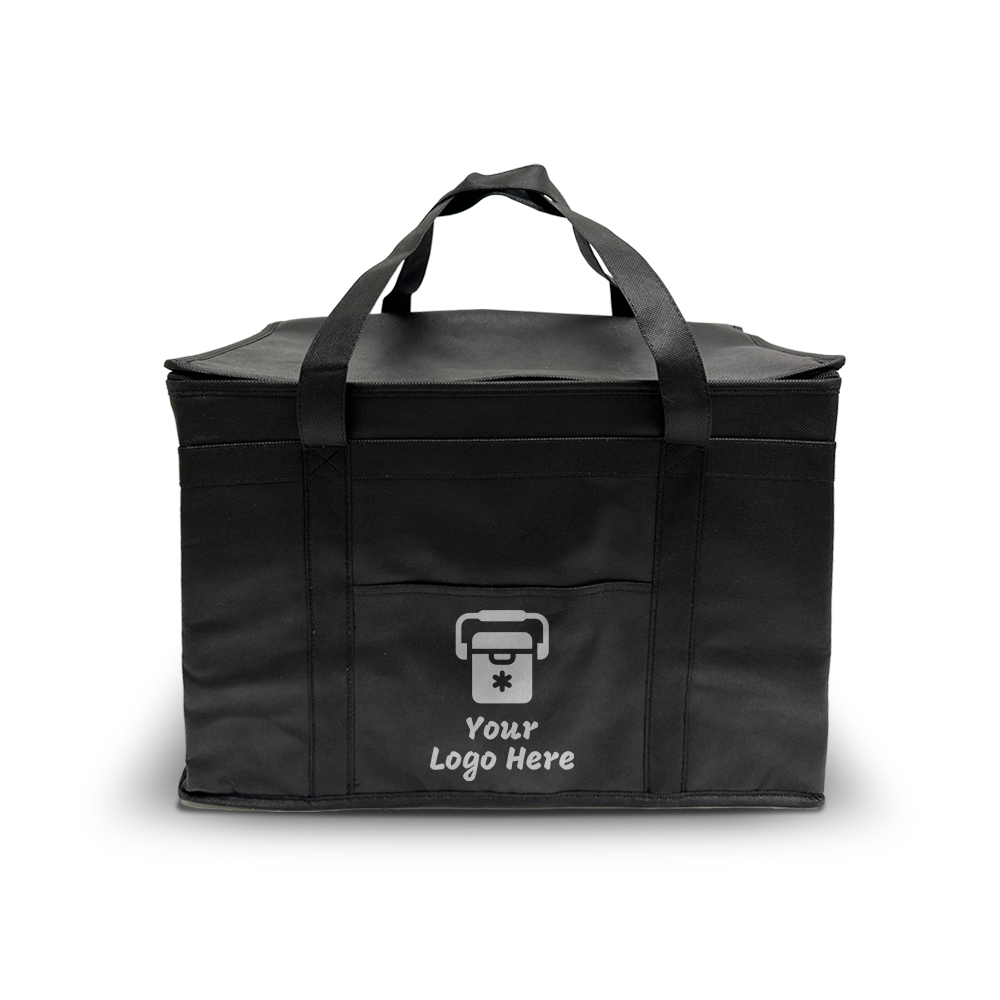 Black insulated tote with zipper and reinforced handles, perfect for food delivery. Custom logo area for branding.