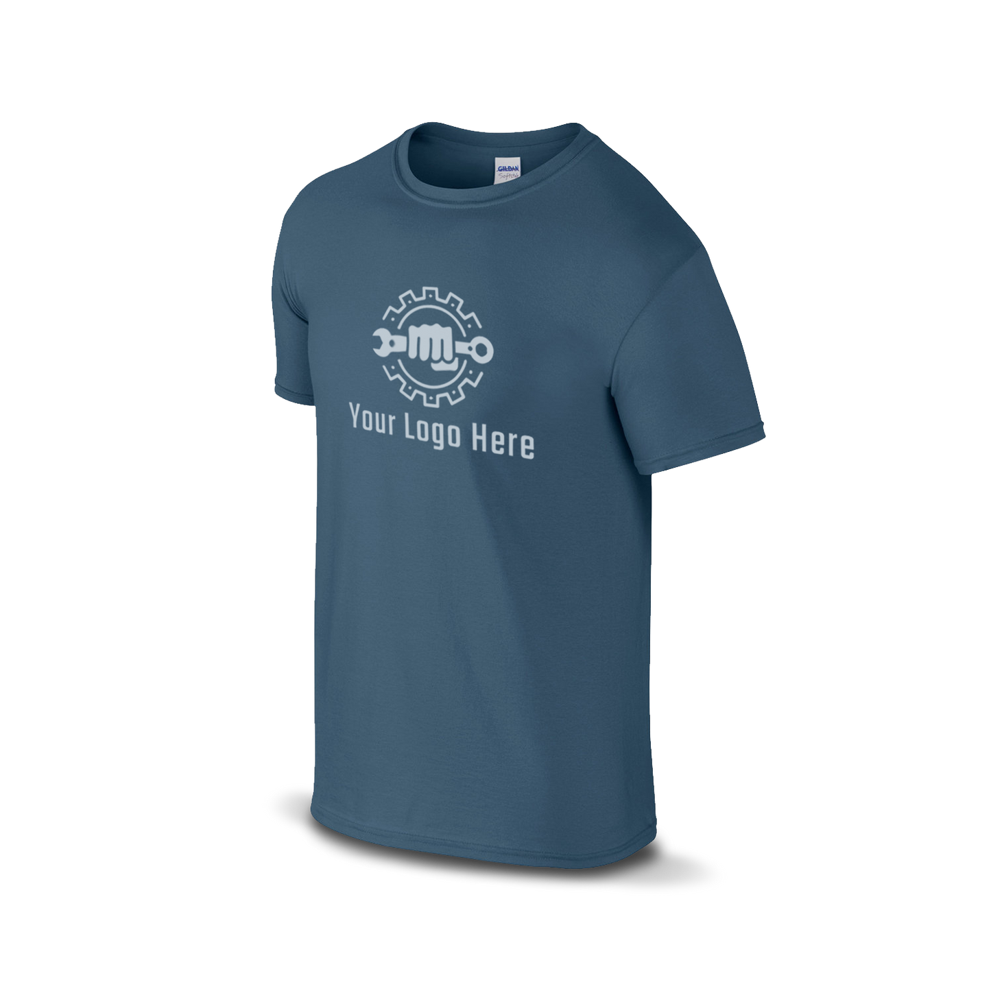 Indigo blue short-sleeve t-shirt with a white logo and customizable tagline.
