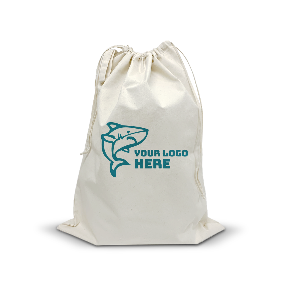 Jumbo 10oz canvas drawstring laundry bag, 24”W x 30”H, with custom shark logo.