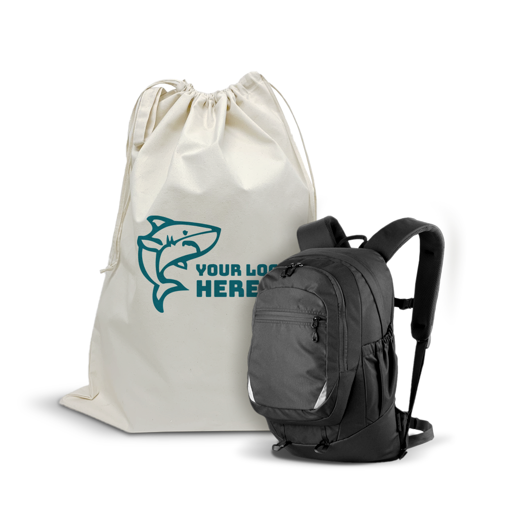 Canvas drawstring laundry bag with shark logo alongside a black multi-pocket backpack.