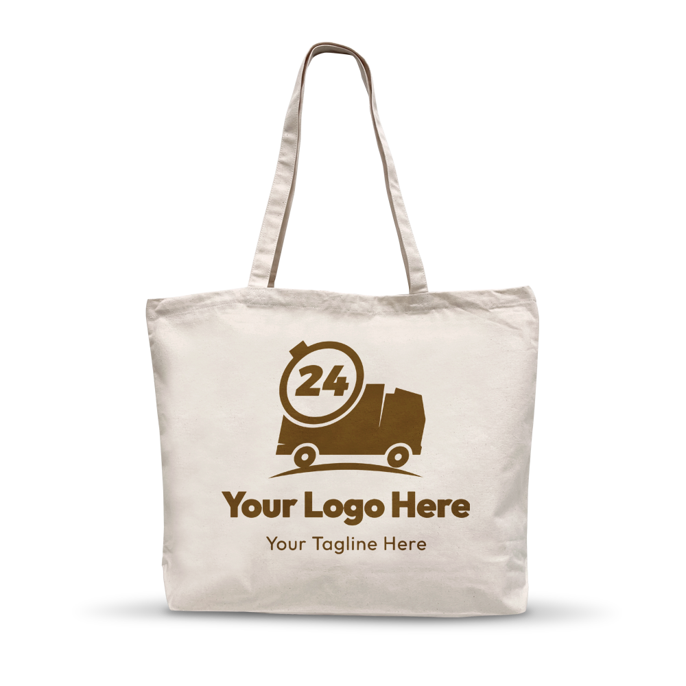 Natural canvas tote bag with extra-long handles, printed with a bold brown delivery truck and stopwatch logo and customizable text.