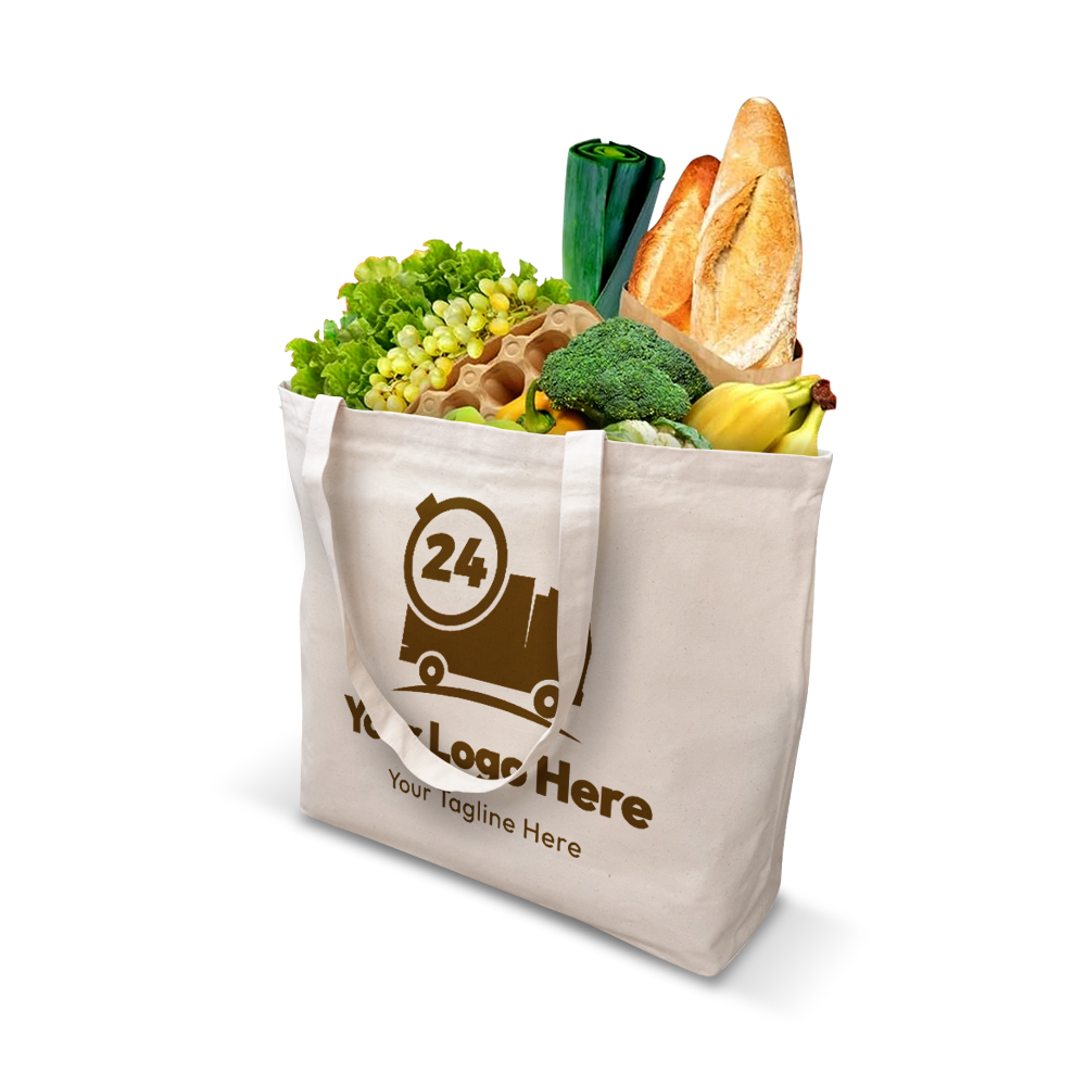 Canvas grocery tote filled with fresh produce, bread, and eco-friendly items, showcasing a custom delivery logo on the front.