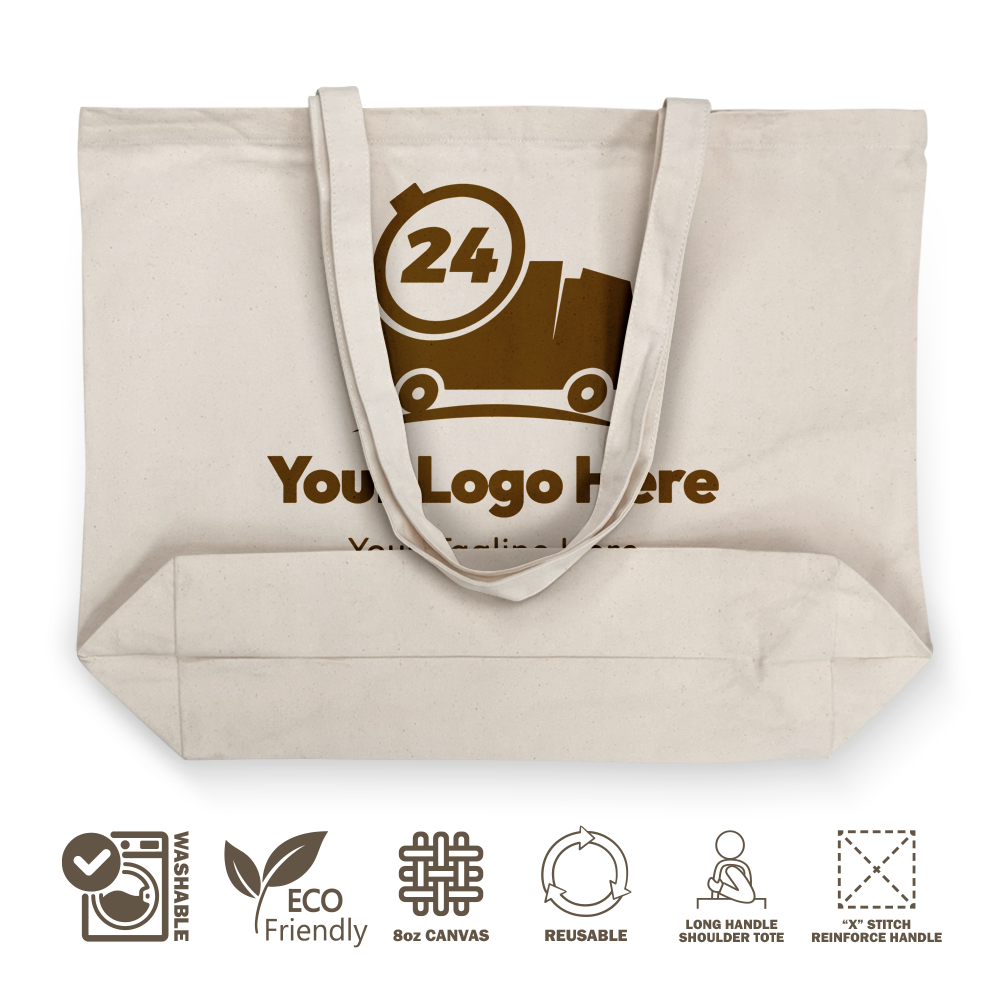 Folded canvas tote bag with brown delivery logo, long handles, and icons highlighting eco-friendly, reusable 8oz canvas with reinforced stitching.