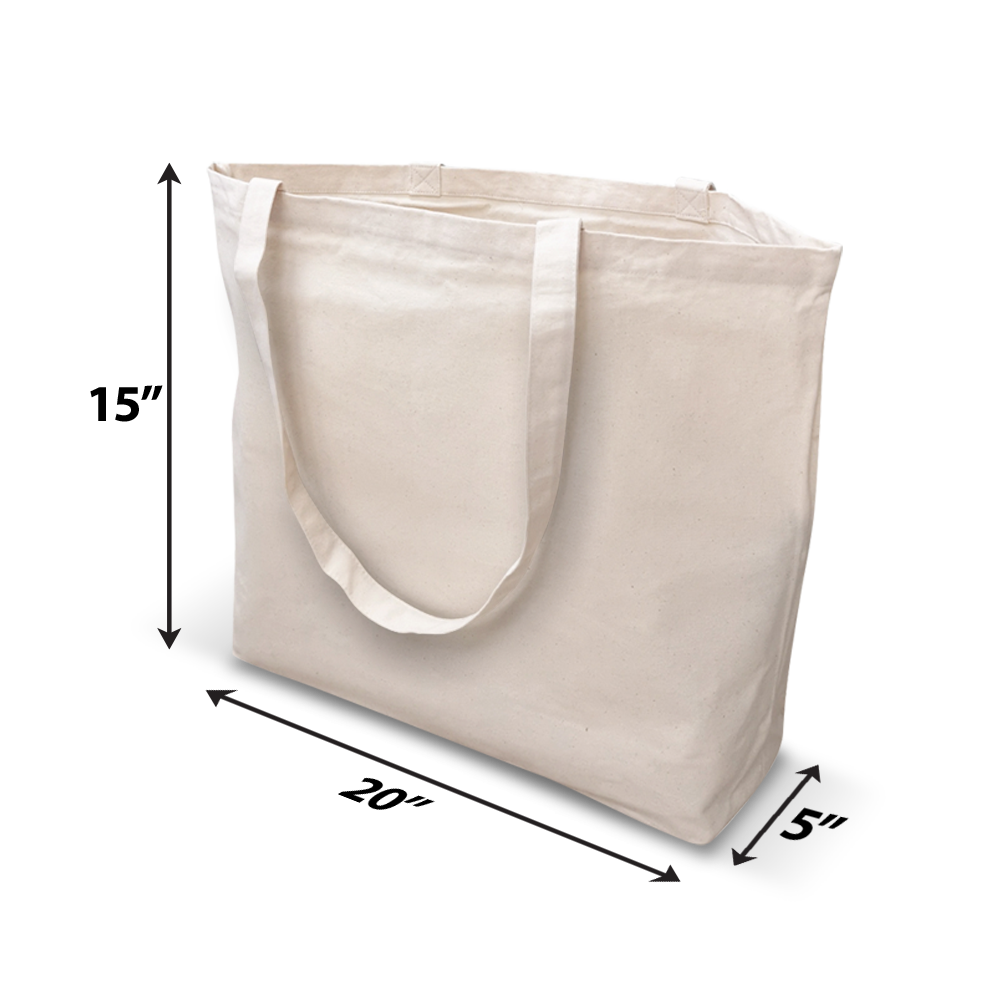 Natural canvas tote bag with long handles, measuring 20"W x 15"H x 5"D — perfect for shopping, commuting, or everyday use.