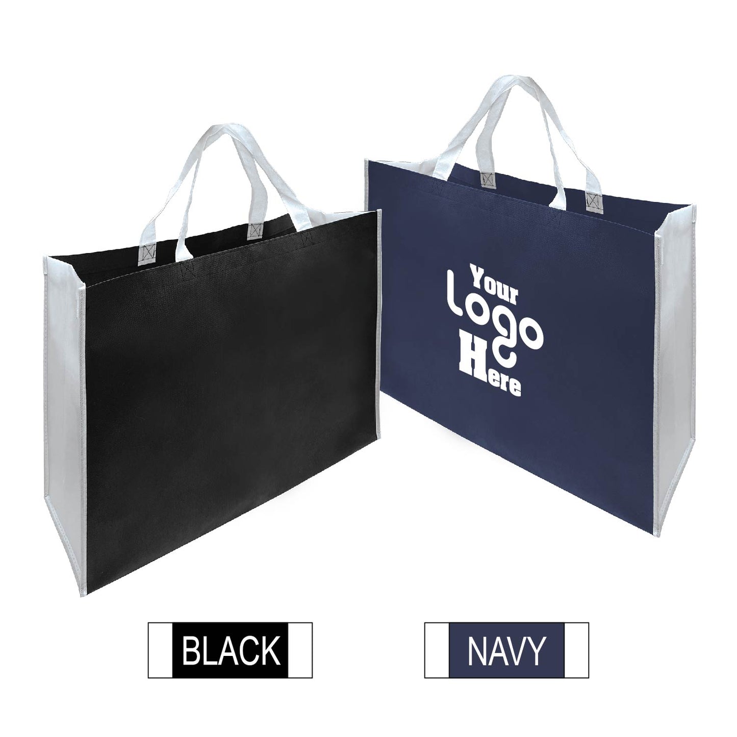 Black and navy reusable shopping totes with white handles, customizable with logo