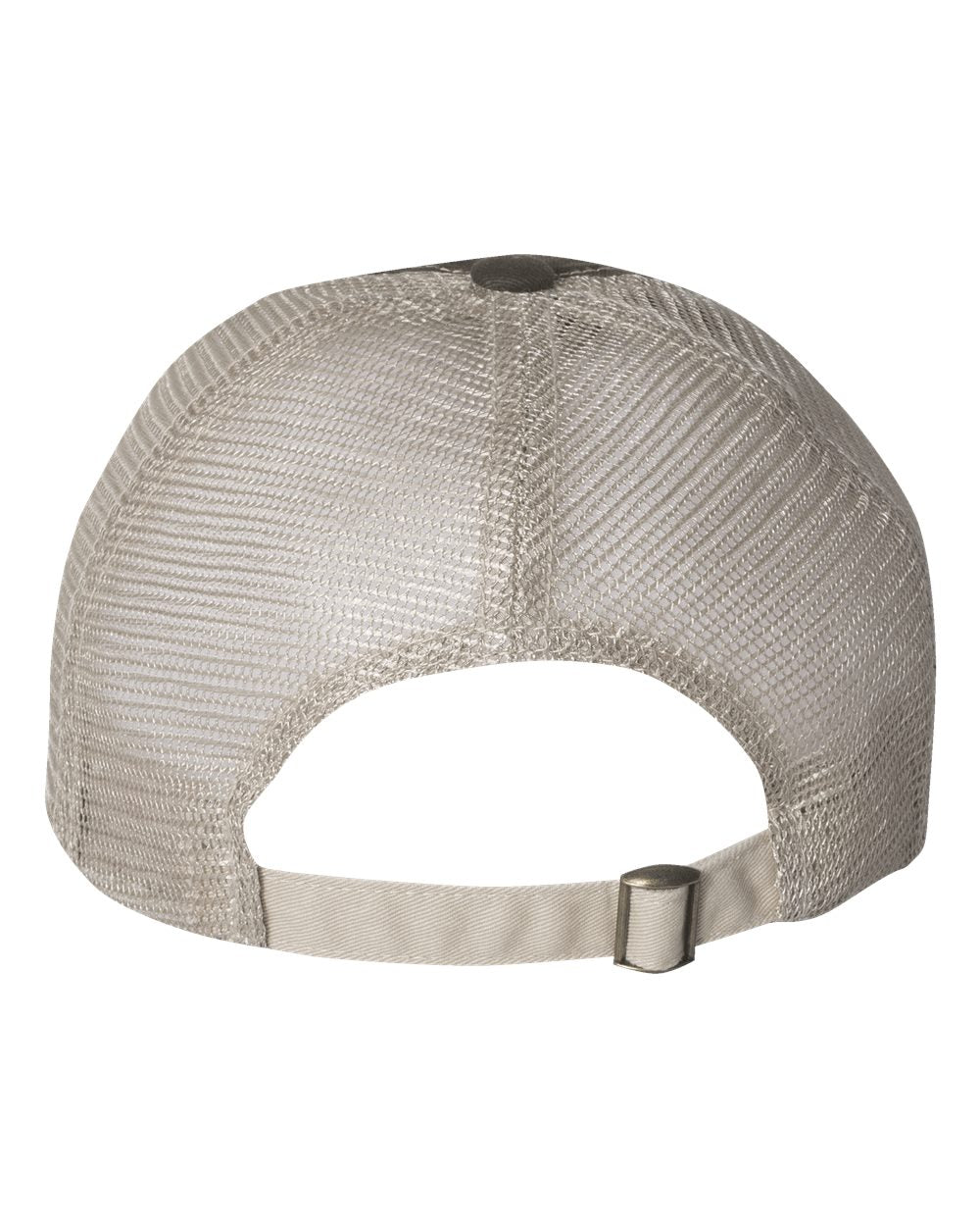 Rear view of a khaki mesh-back cap featuring an adjustable strap with metal clasp.