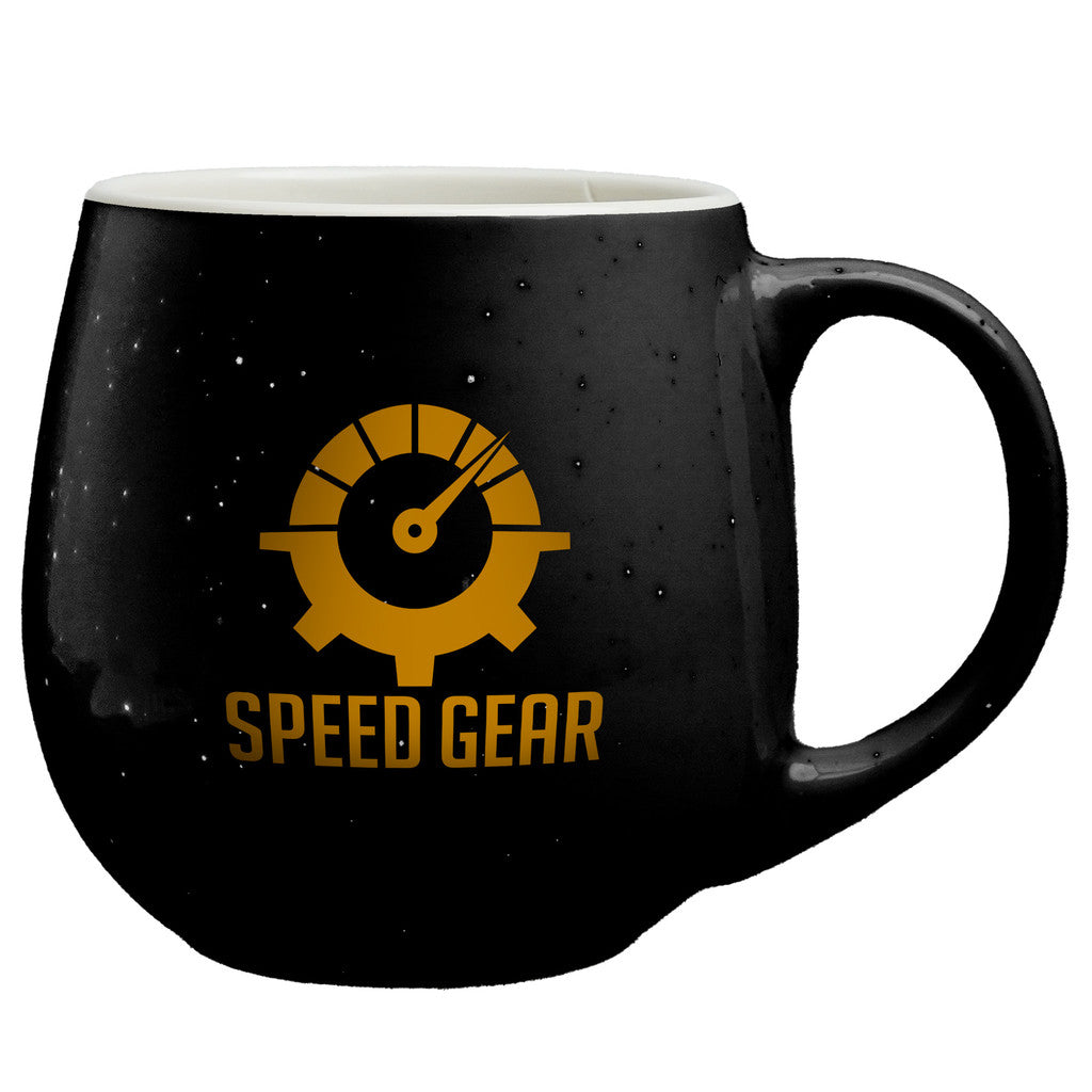 Black ceramic mug with yellow Speed Gear logo.