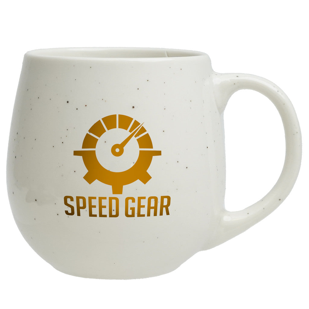White speckled ceramic mug with yellow Speed Gear logo.