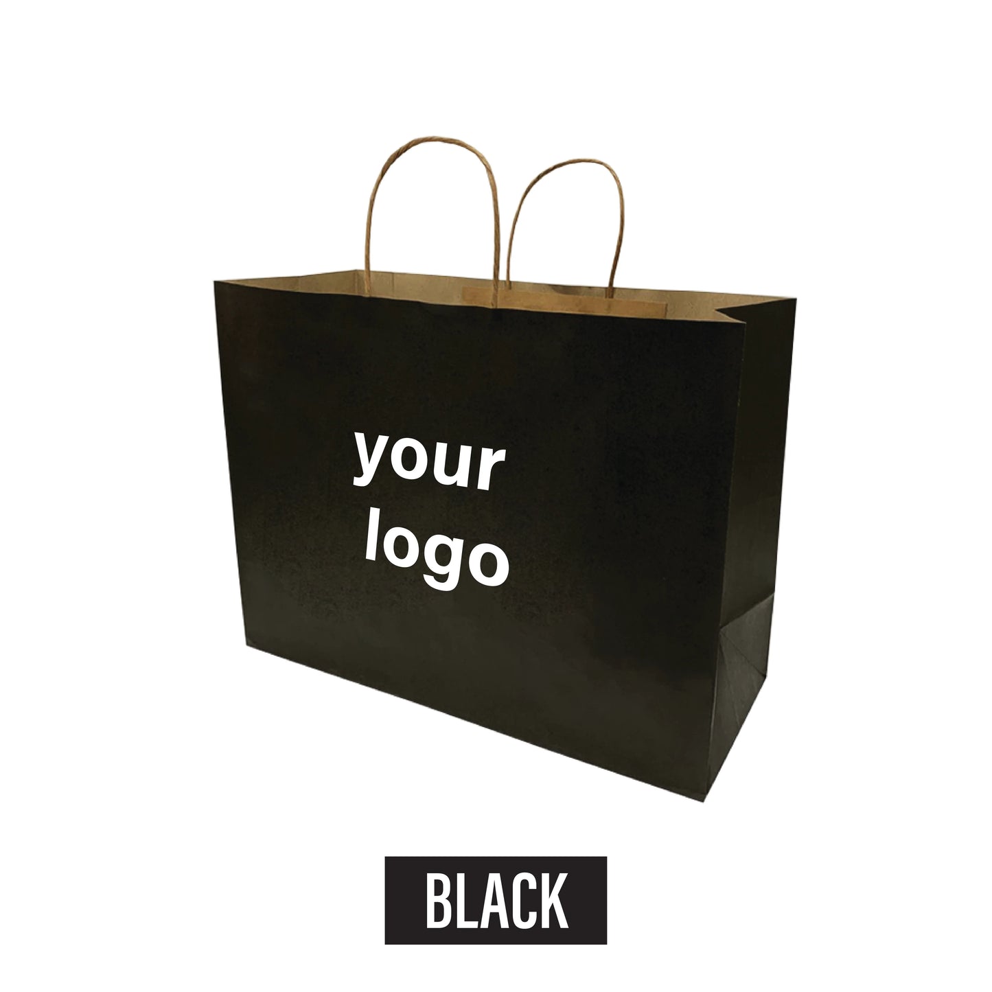 Black kraft paper bag with twisted paper handles, customizable with your logo.