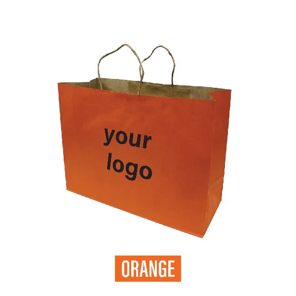 Orange kraft paper bag with twisted paper handles, customizable with your logo.