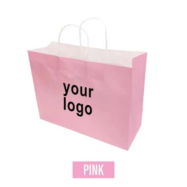 Pink kraft paper bag with twisted paper handles, customizable with your logo.