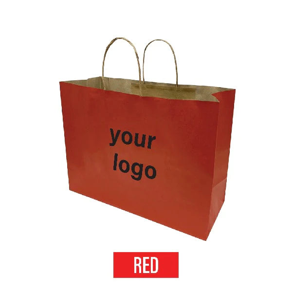 Red kraft paper bag with twisted paper handles, customizable with your logo.