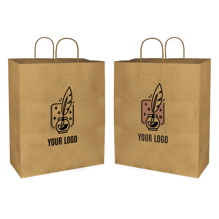 Two eco-friendly kraft paper bags with twisted handles, featuring a custom feather-and-ink logo design and the text "YOUR LOGO" on the front.