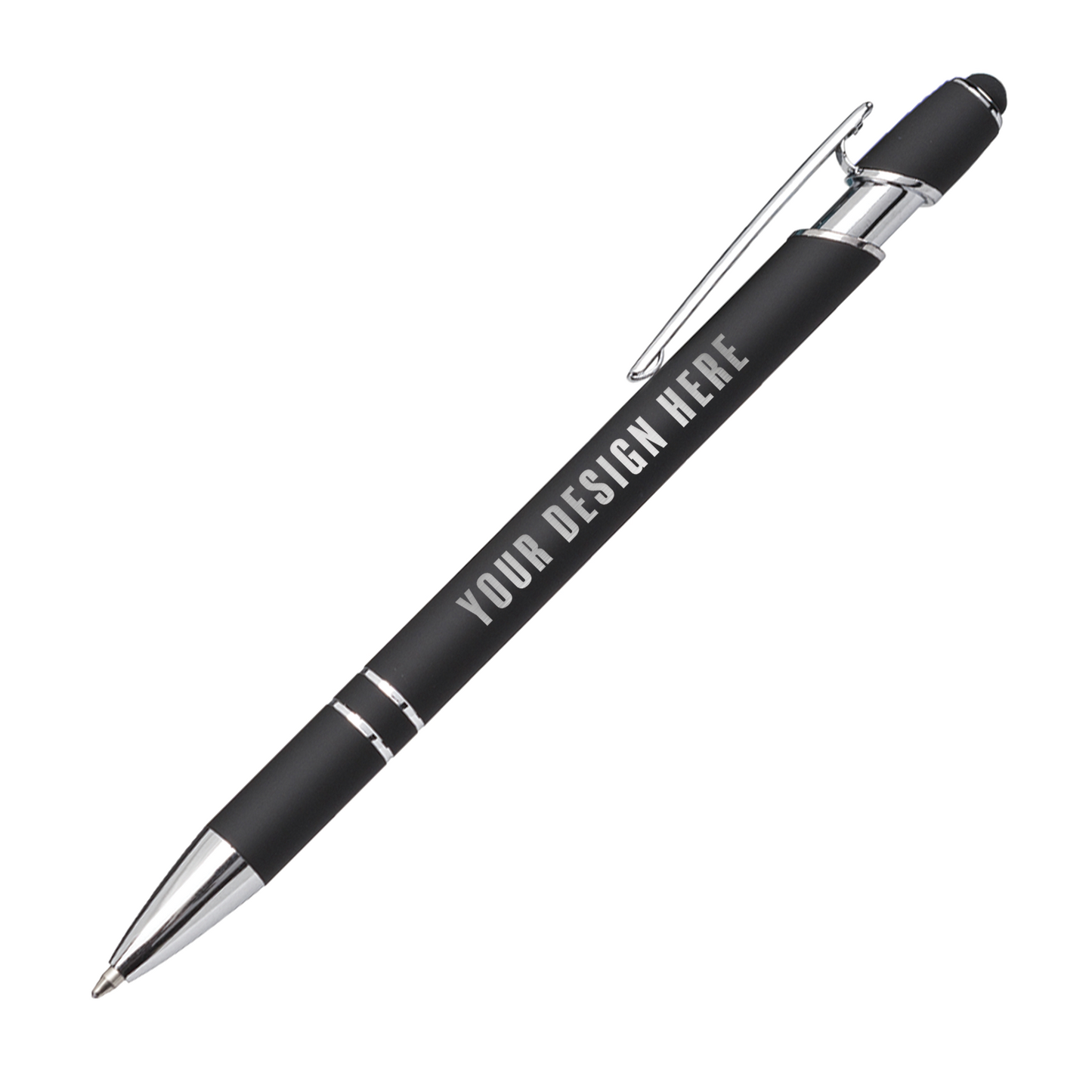 Black metal ballpoint pen with chrome accents, clip, stylus tip, and "YOUR DESIGN HERE" custom imprint on the barrel.