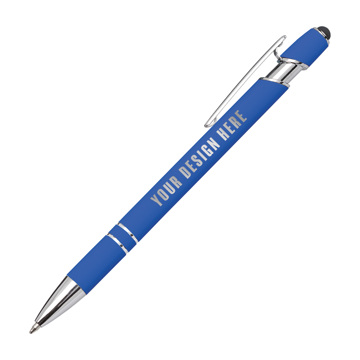 Blue metal ballpoint pen with chrome accents, clip, stylus tip, and "YOUR DESIGN HERE" custom imprint on the barrel.