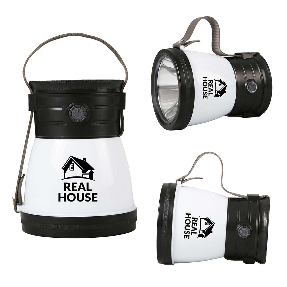 Three views of a multifunctional LED lantern with a black top and handle, and a white body prominently displaying a customized logo in black