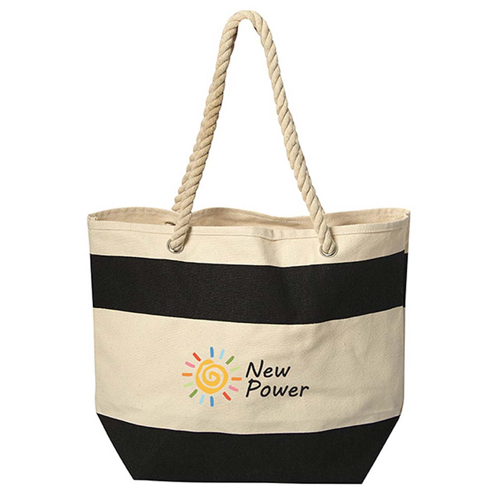 Beige and black striped canvas tote bag with rope handles and New Power logo