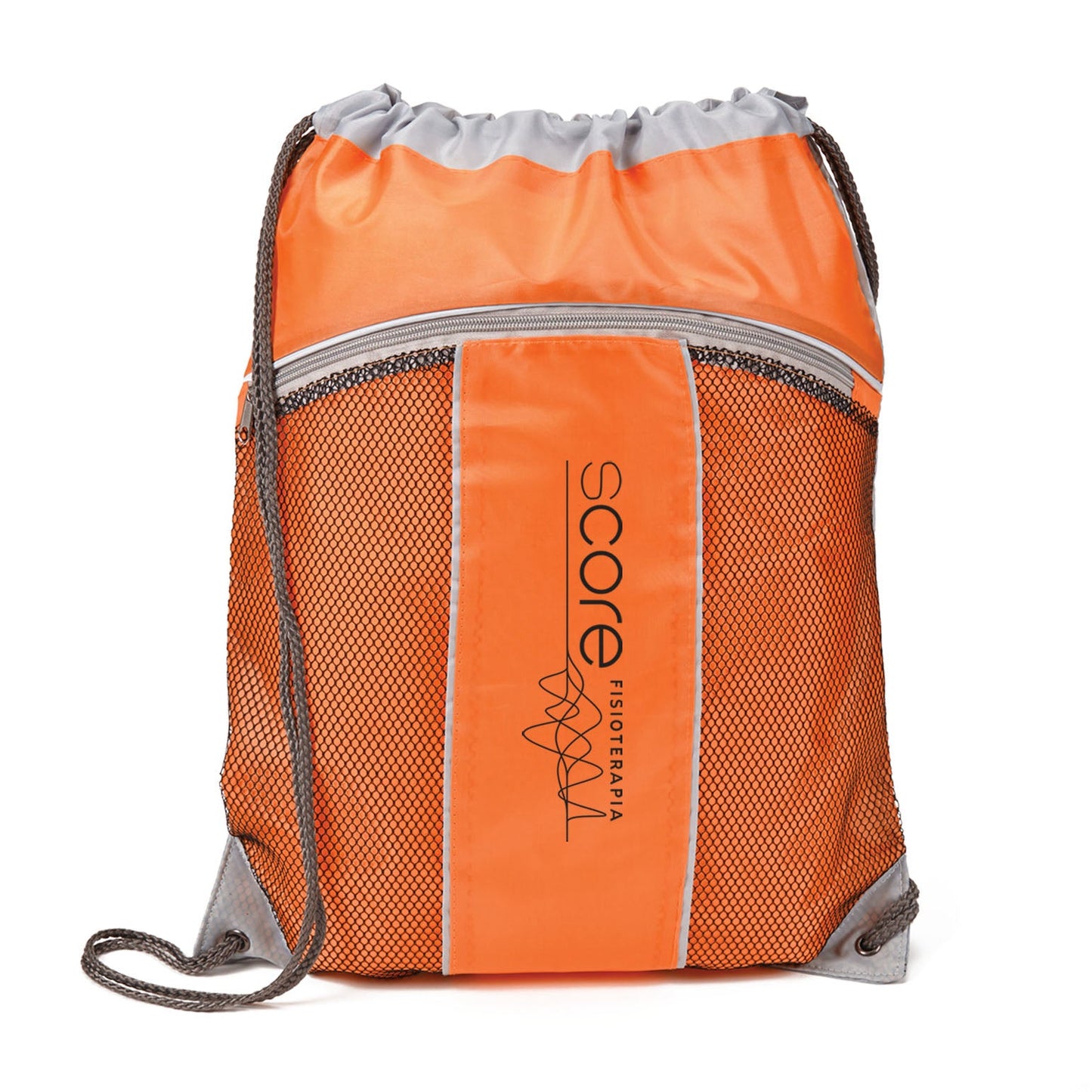 A orange drawstring bag with a black logo on it