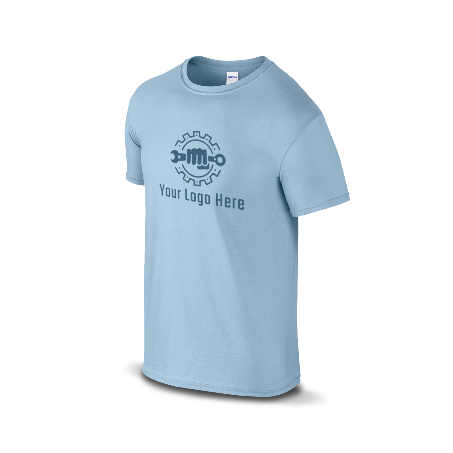 Light blue short-sleeve t-shirt with a logo and customizable tagline.