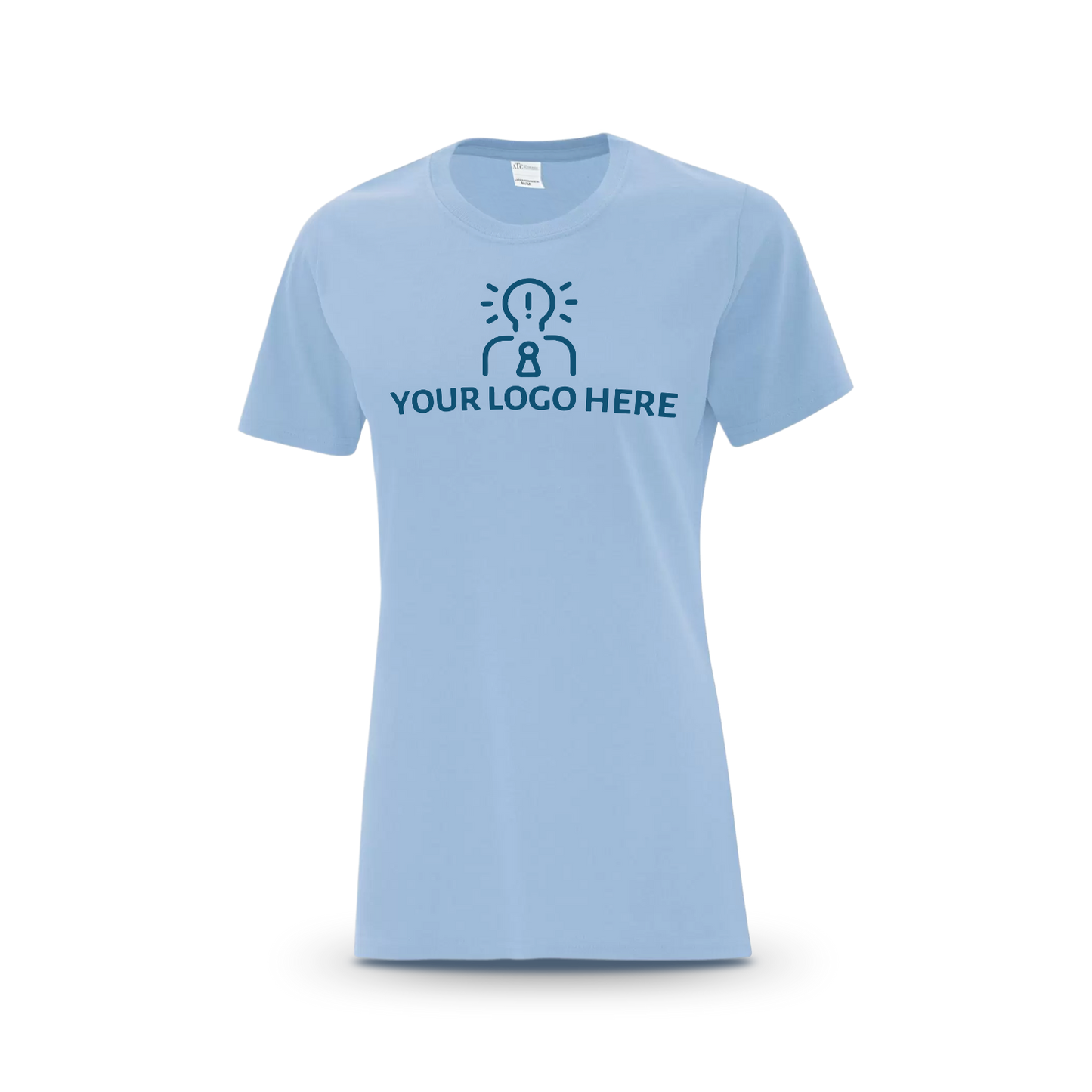Light blue women’s T-shirt featuring a magenta placeholder logo