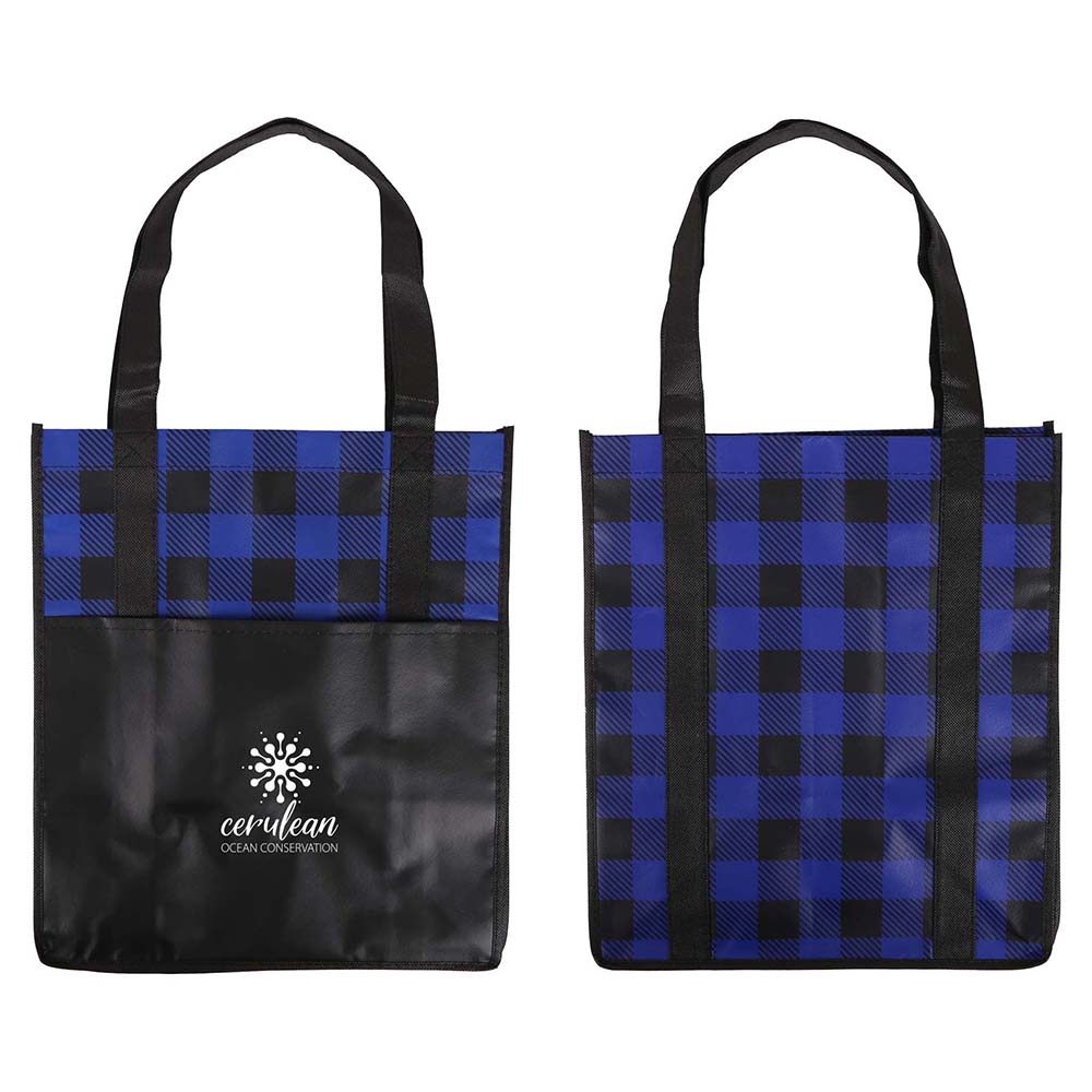 Front and back views of blue and black plaid laminated tote bag with black handles and Cerulean Ocean Conservation logo