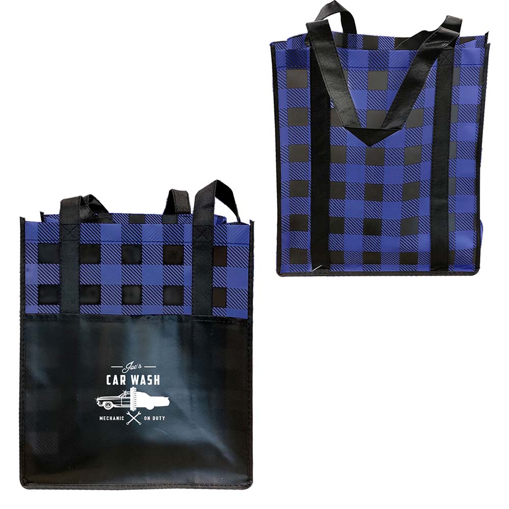 Front and back views of blue and black plaid laminated tote bag with black handles and Joe’s Car Wash logo