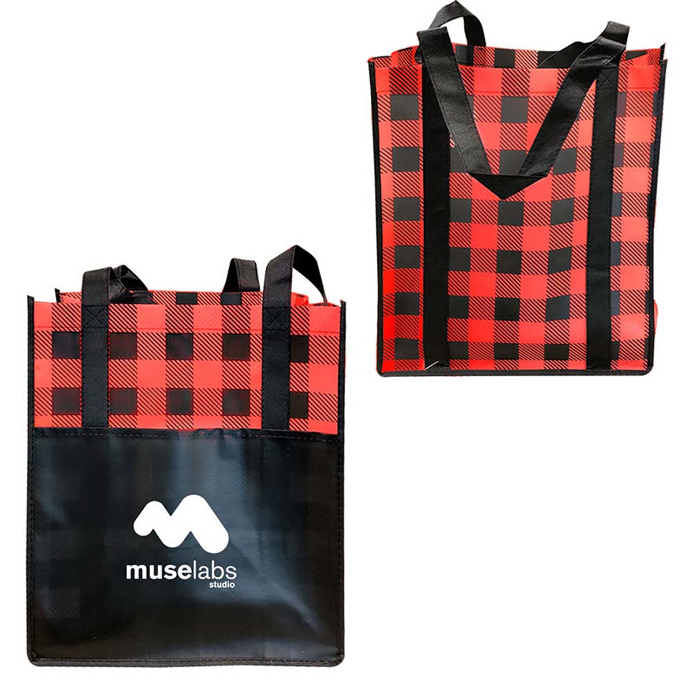 Front and back views of red and black plaid laminated tote bag with black handles and muselabs studio logo
