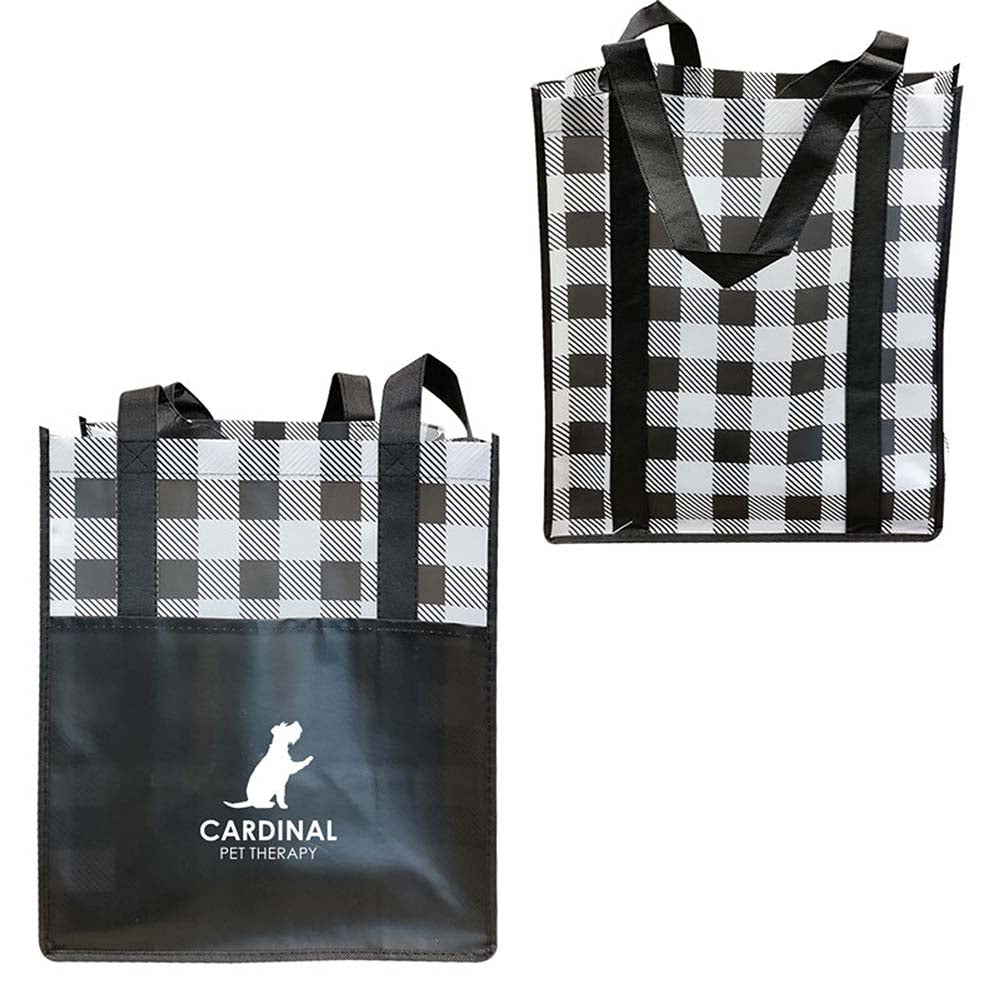 Front and back views of black and white plaid laminated tote bag with black handles and Cardinal Pet Therapy logo