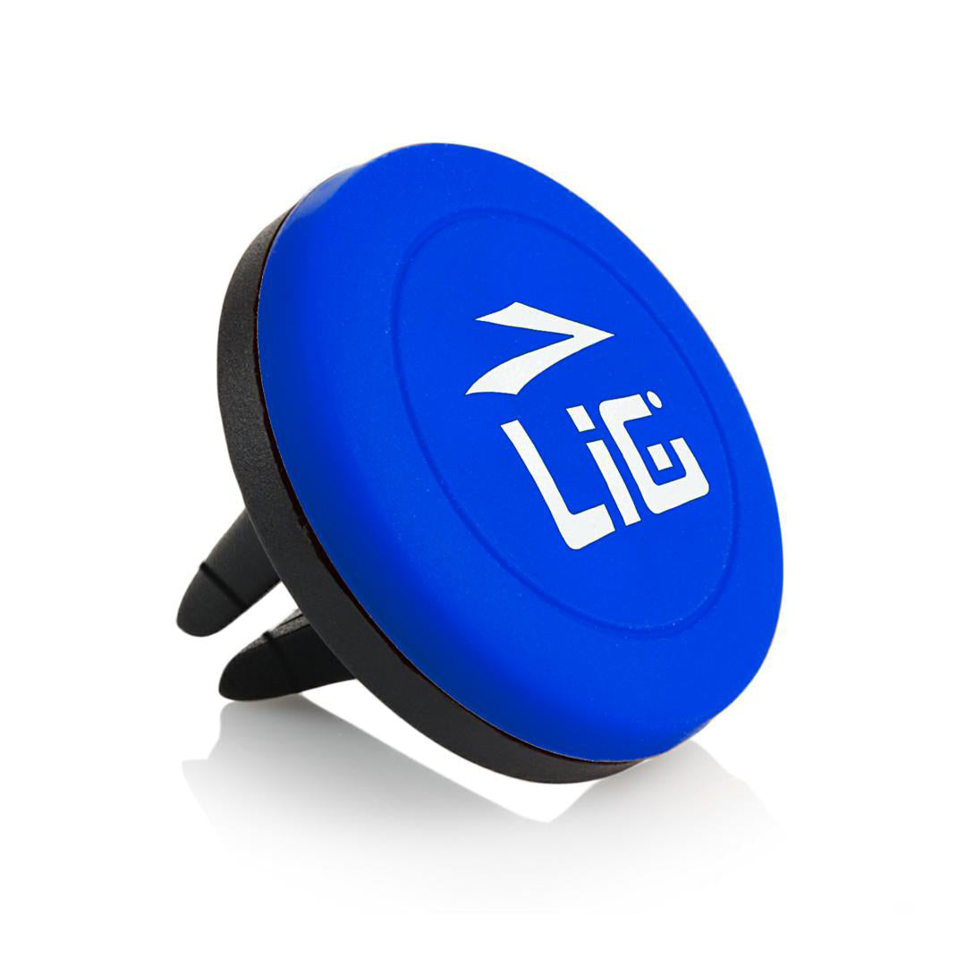 Blue circular magnetic phone holder with a white logo and arrow icon on the front. The black base includes two prongs designed to clip into a car's air vent.