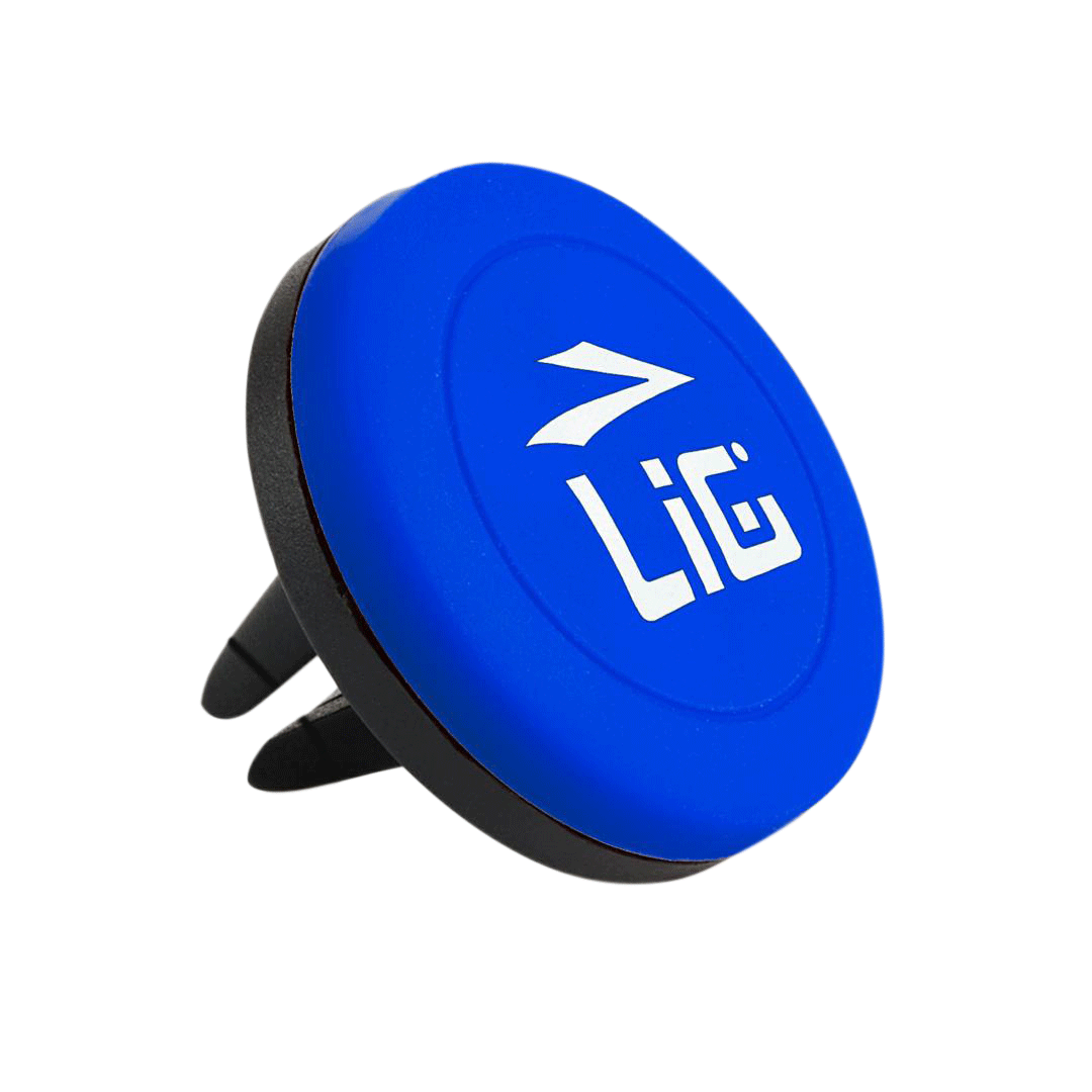 Blue magnetic phone holder with a custom logo, featuring a circular design and an air vent clip for easy mounting in vehicles.