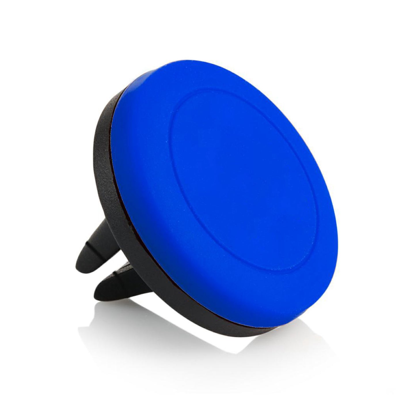 Plain blue circular magnetic phone holder with a black vent clip on the back, designed to attach to a car air vent. The front surface is smooth and unbranded.
