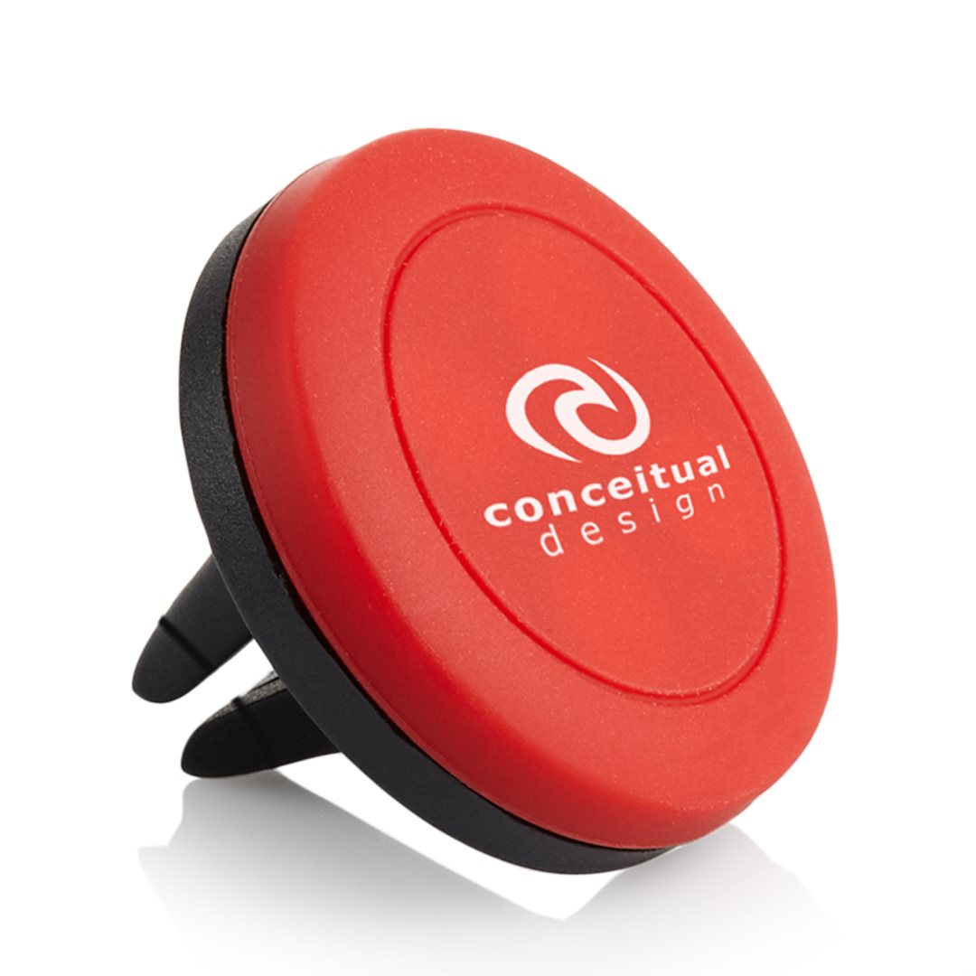 Red magnetic phone holder with a custom logo, featuring a circular face and a black air vent clip for secure in-car phone mounting.