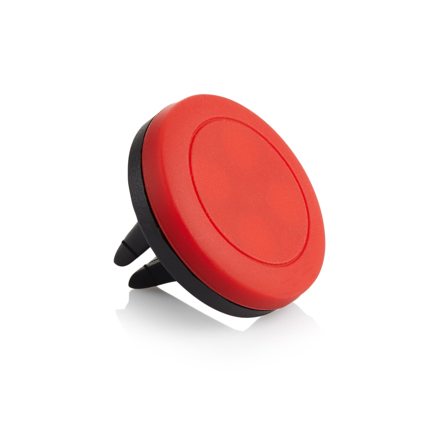 Red magnetic phone holder with a circular design and black air vent clip, ideal for hands-free phone mounting in vehicles.