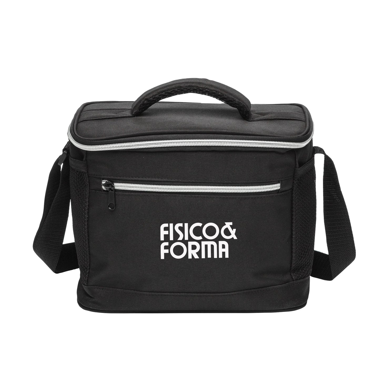 A black promotional cooler bag featuring a white logo