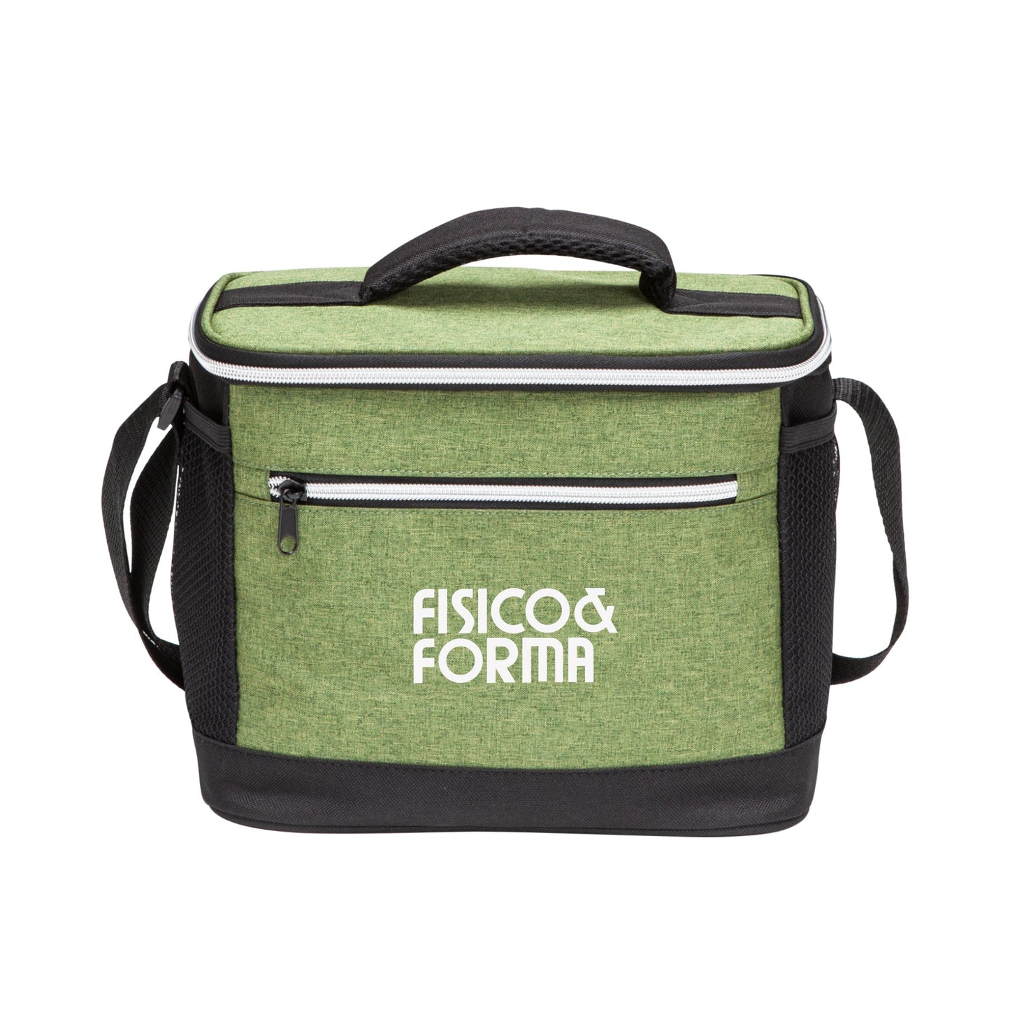 A promotional cooler bag in green and black featuring a white logo